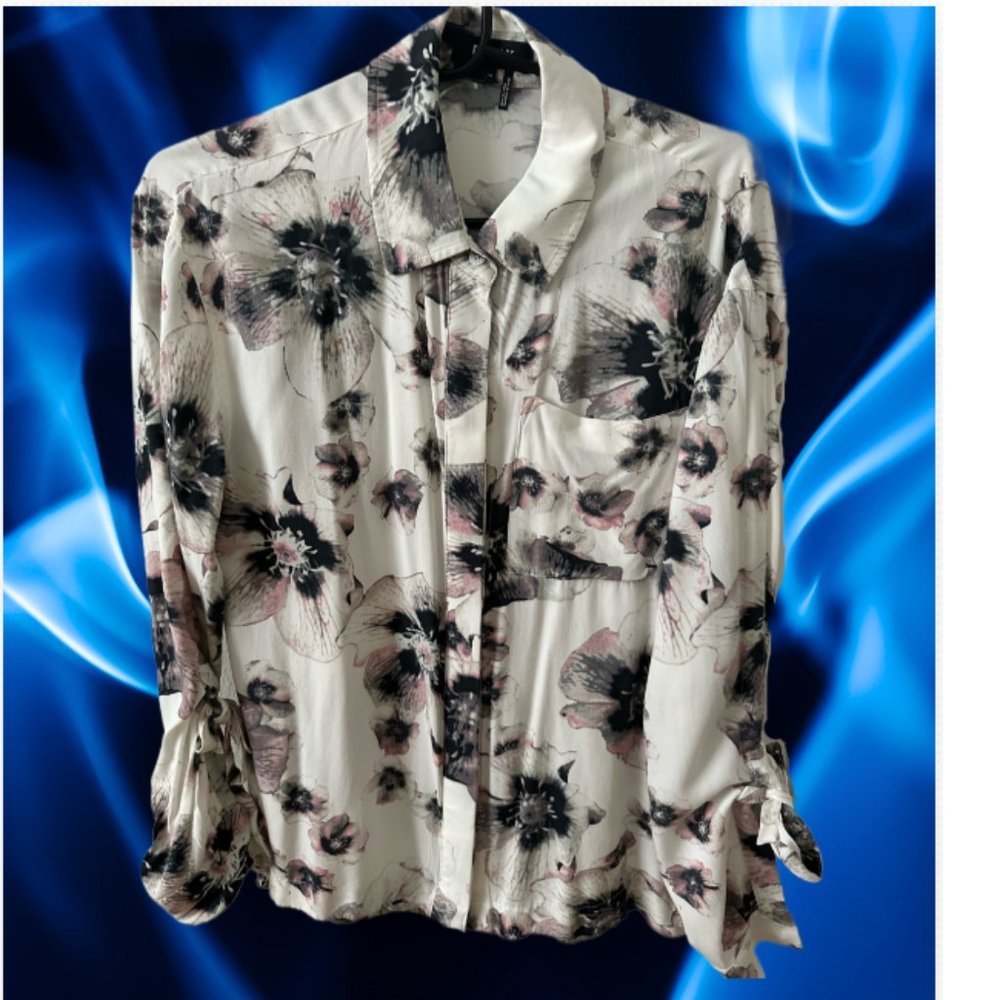 DKNY Jeans Women's Blouse Top White Floral Button Up